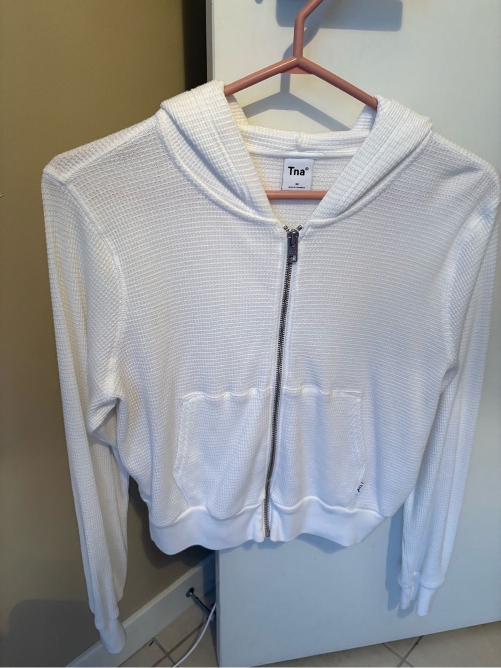 TNA White Cropped Waffle zip up